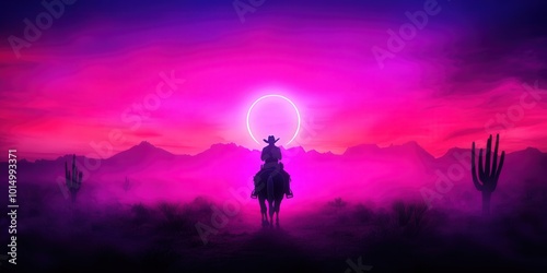 Neon Cowboy Silhouette, a vibrant outline of a cowboy riding a horse, set against a western landscape featuring cacti and distant mountains, evoking a lively frontier spirit.