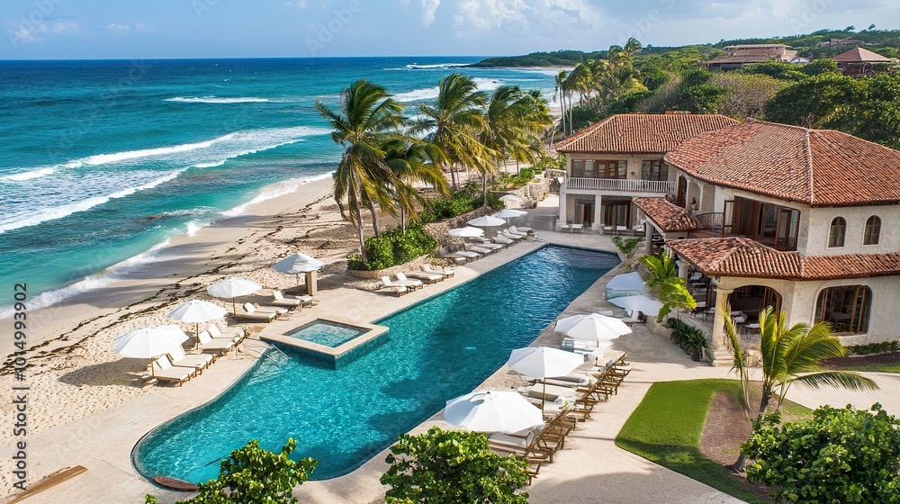 Obraz premium Exclusive resort-style luxury hotel with infinity pools, private cabanas, and a pristine beach backdrop
