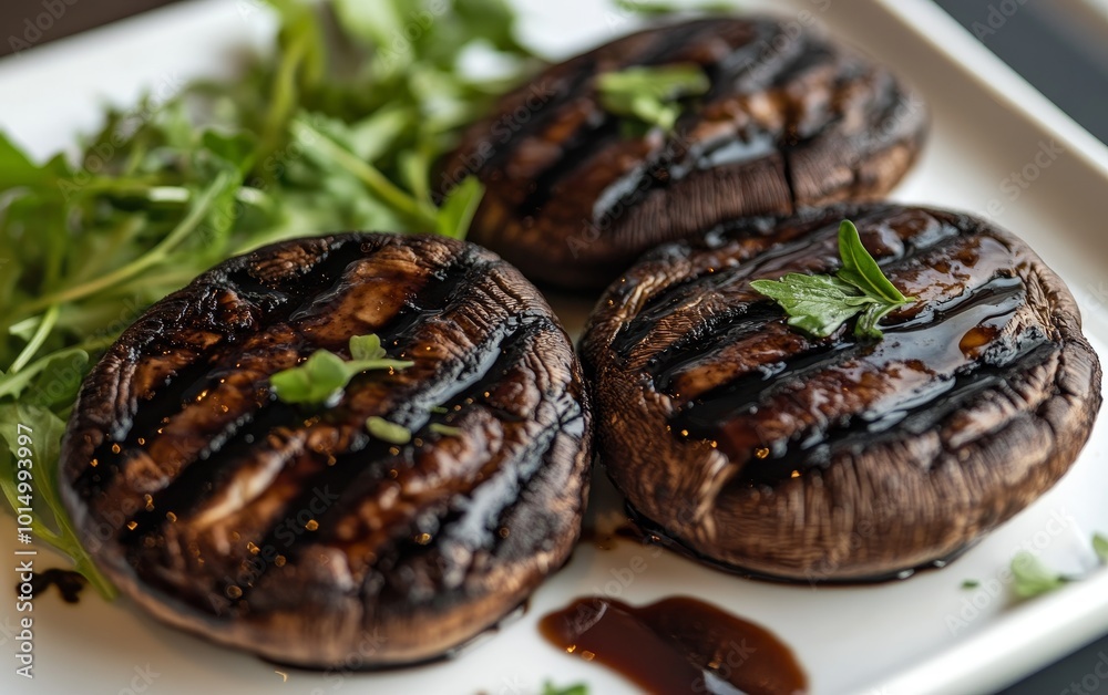 Grilled portobello mushrooms garnished with herbs on a white plate, showcasing a delicious vegetarian dish. Grilled portobello mushrooms garnished with herbs on a white plate, showcasing a delicious vegetarian dish.