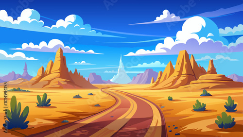 vast desert vector landscape with blue sky and dirt road