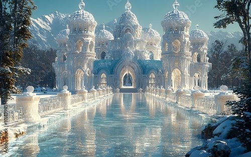 Extravagant winter palace with icy reflection in a breathtaking mountain setting photo