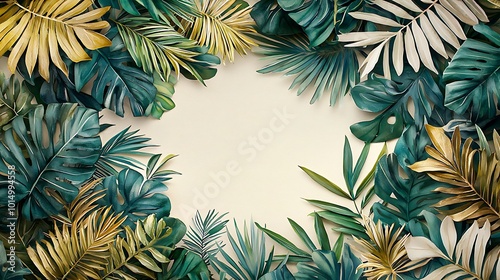 Tropical Green and Gold Leaf Border Frame with Copy Space