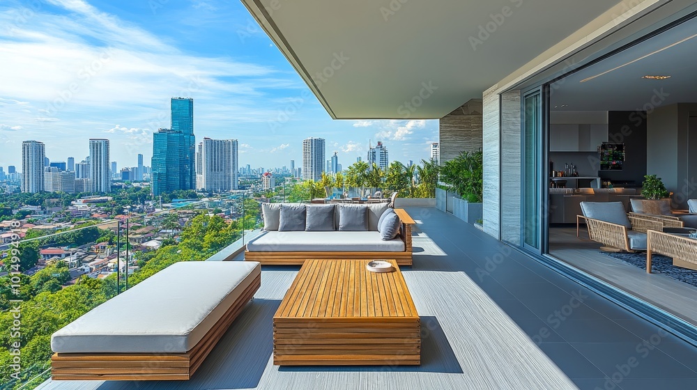 Fototapeta premium A modern balcony with stylish furniture overlooks a vibrant city skyline, offering a serene leisure space.
