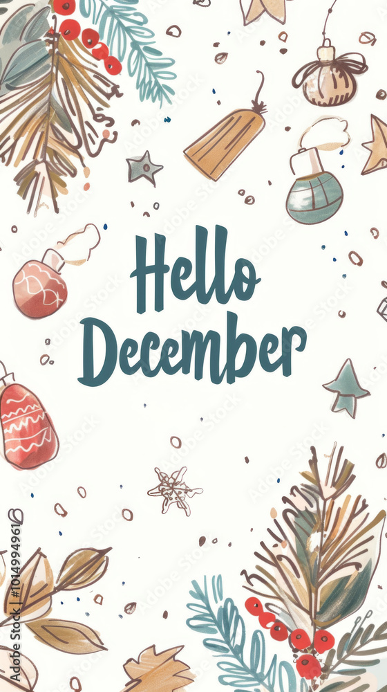 Hello December text with festive decorations, Christmas concept Hello December text with festive decorations, Christmas concept