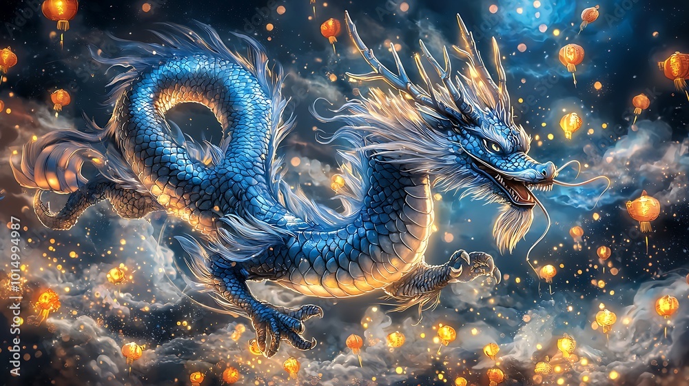 Majestic Blue Dragon Flying Through the Sky with Lanterns Majestic Blue Dragon Flying Through the Sky with Lanterns