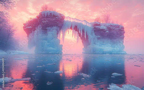 Majestic frozen arch reflecting vibrant sunset over winter lake photo