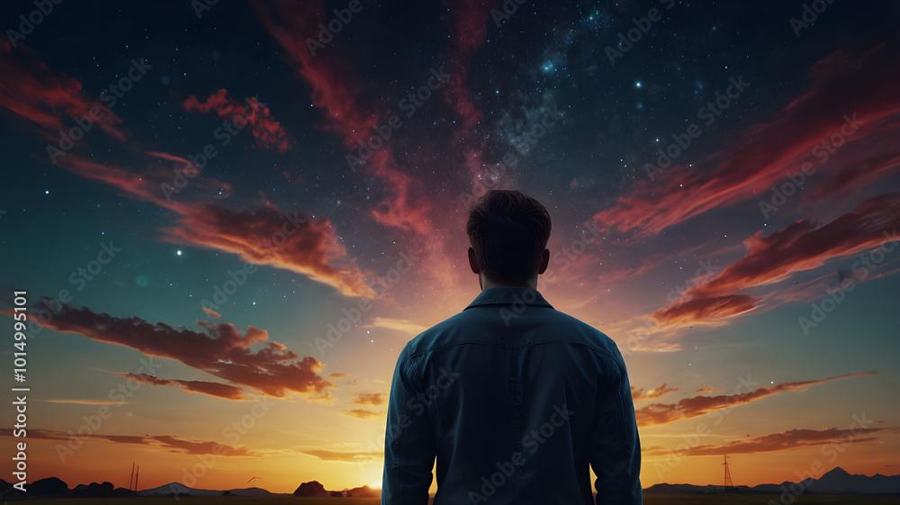 Man Gazing at a Vibrant Sunset Sky Filled with Stars and Clouds Man Gazing at a Vibrant Sunset Sky Filled with Stars and Clouds
