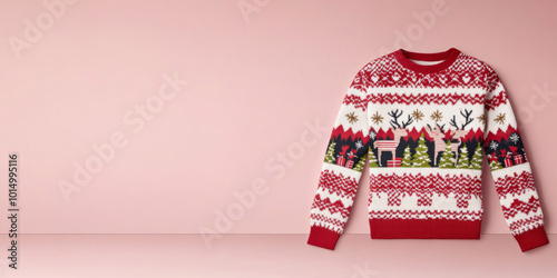 Christmas sweater on light pink background with copy space photo