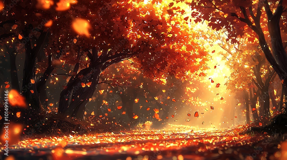 Golden Autumn Forest Path with Falling Leaves Golden Autumn Forest Path with Falling Leaves