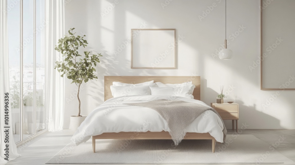 A bedroom with white walls, a large window with sheer curtains, a potted plant, and a bed with white sheets, a gray throw, and two pillows A bedroom with white walls, a large window with sheer curtains, a potted plant, and a bed with white sheets, a gray throw, and two pillows
