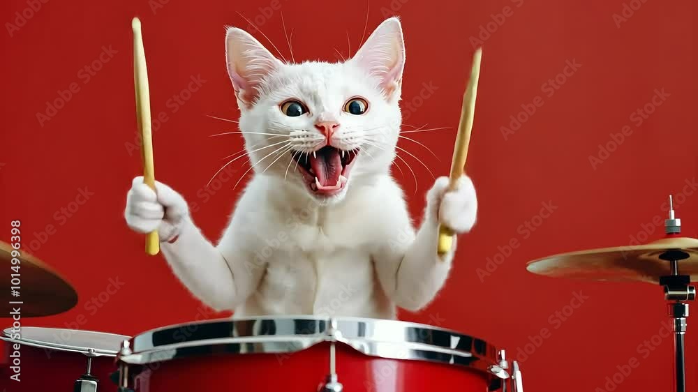 White cat playing drums with sticks, with an open mouth, and a red background.