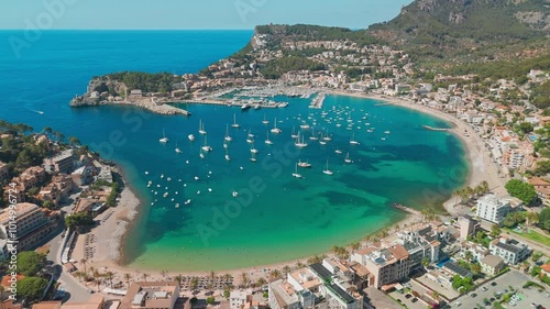 Aerial view of the summer resort town Port de Soller on Mallorca, Spain