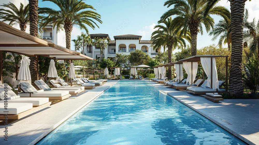 Fototapeta premium Luxury hotel pool surrounded by palm trees, cabanas, and elegant loungers, offering a tranquil atmosphere