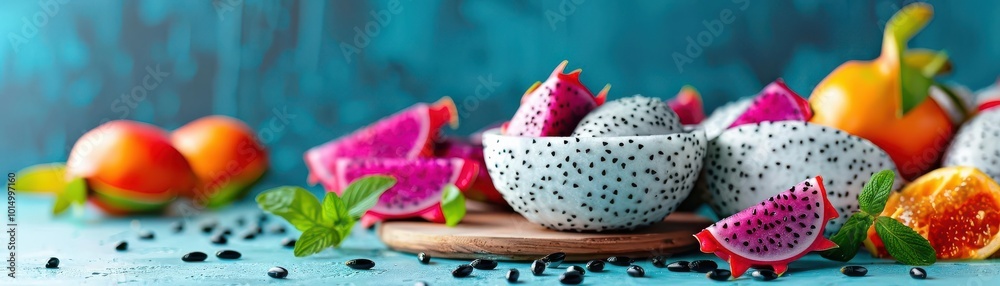 Dragonfruit seeds scattering in slow motion as the fruit is cut, vibrant colors creating an exotic look Dragonfruit seeds scattering in slow motion as the fruit is cut, vibrant colors creating an exotic look