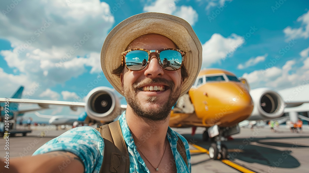 Happy tourist boarding on a plane at the airport - Handsome young man taking selfie picture in front of airplane - Summertime holidays and transportation life style concept Happy tourist boarding on a plane at the airport - Handsome young man taking selfie picture in front of airplane - Summertime holidays and transportation life style concept