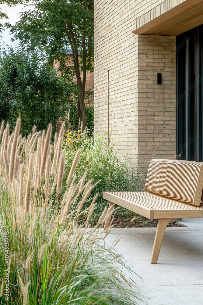 Fototapeta premium A wooden bench on the terrace of an office building, surrounded by grasses and plants. In front, there is a tall brown brick wall. This is architectural photography of modern architecture.