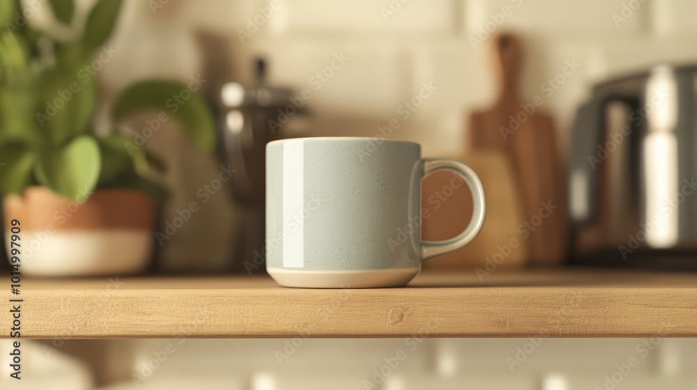 Simple Kitchen Mug Mockup: A sleek, minimalist grey mug sits on a wooden counter, ready for your design. The blurred backdrop of a modern kitchen adds a touch of homey warmth. Simple Kitchen Mug Mockup: A sleek, minimalist grey mug sits on a wooden counter, ready for your design. The blurred backdrop of a modern kitchen adds a touch of homey warmth.