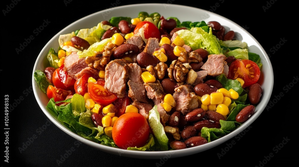 beans, corn, tomatoes, walnuts, and beef in a salad. Black background.
