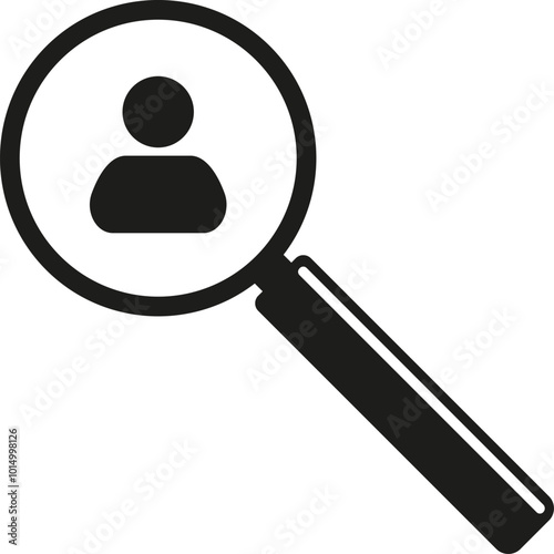 Black magnifying glass with person sign icon. Magnifier with user sign. Vector. Flat design.	