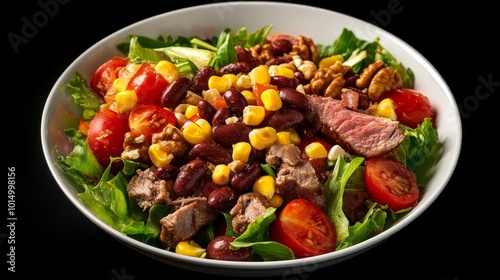 beans, corn, tomatoes, walnuts, and beef in a salad. Black background.