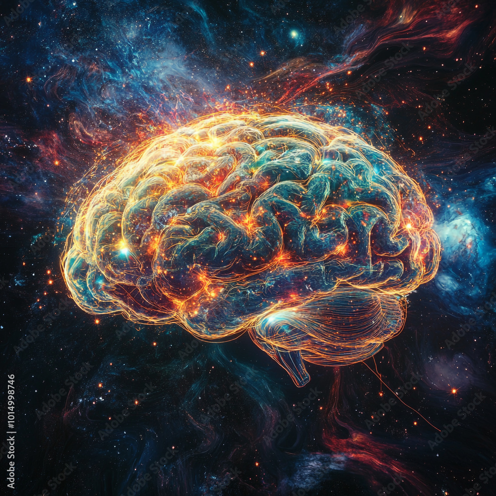 Fototapeta premium A colorful brain with a starry background. The brain is surrounded by a galaxy of stars, and the colors of the brain are vibrant and bright. Concept of wonder and curiosity about the brain