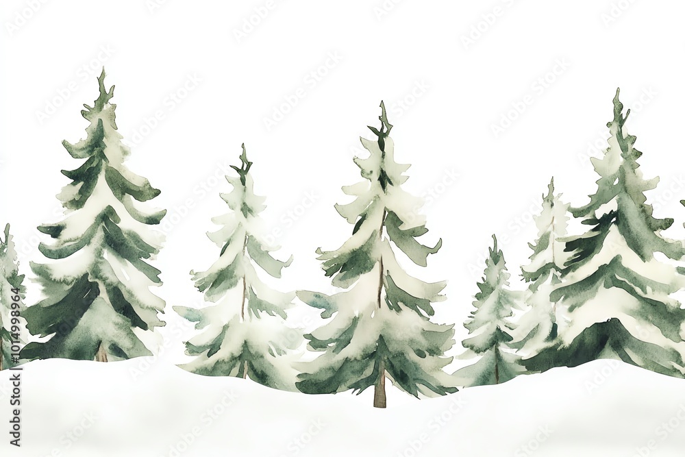 Obraz premium Minimalist watercolor fir trees with snow, soft green and white tones, airy composition, seamless repeat