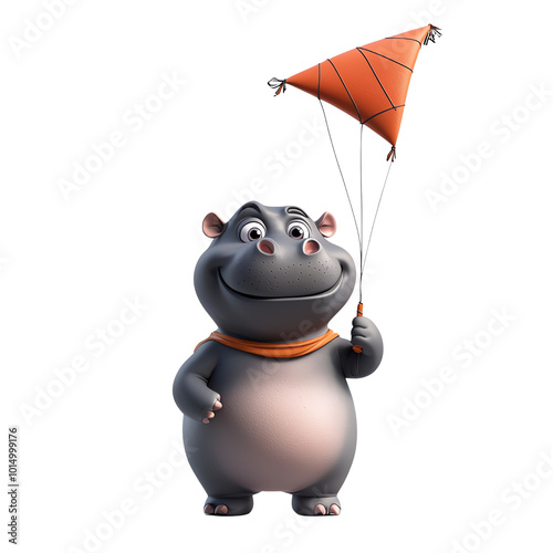 A cheerful cartoon hippo holding a colorful parachute, perfect for kids' art, illustrations, or playful designs.,transparent background photo