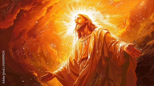A radiant vector illustration of Jesus resurrected, with a glowing aura