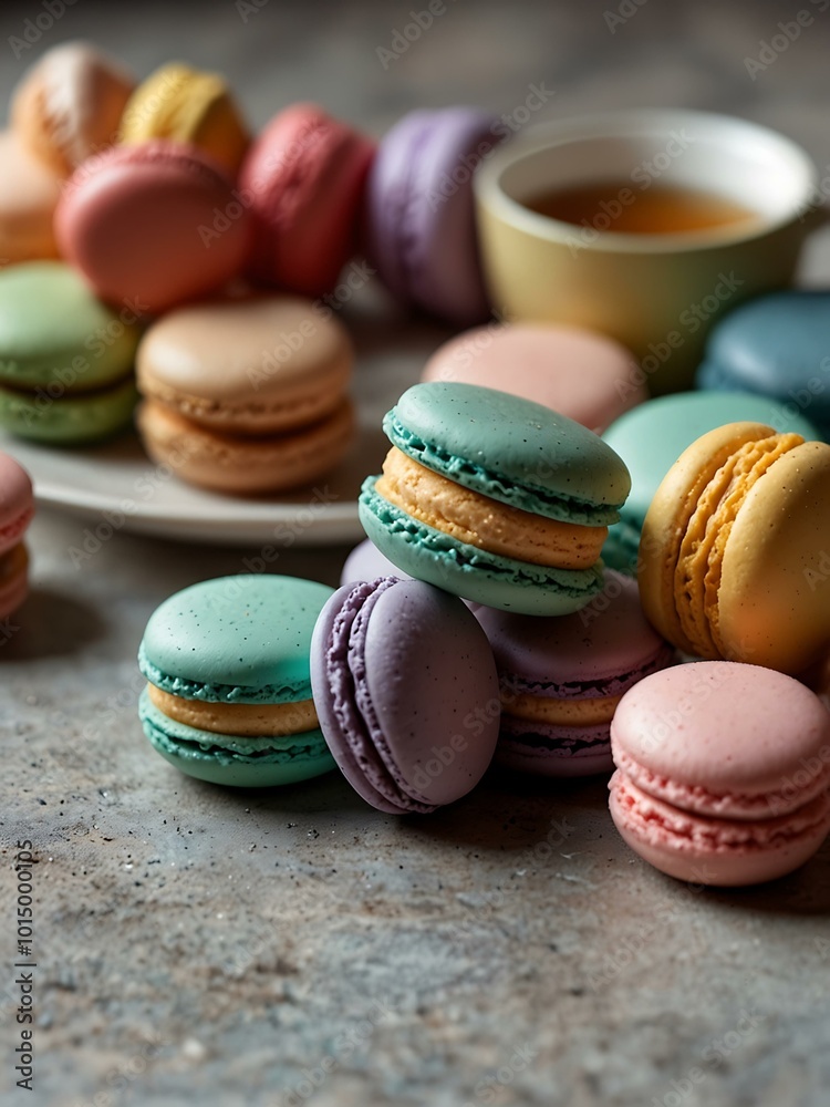 Pastel macarons, cookies, and tea arranged on a table—pastel colors. Pastel macarons, cookies, and tea arranged on a table—pastel colors.