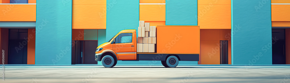 A large orange truck is parked in front of a building A large orange truck is parked in front of a building