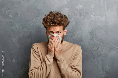 Man recoiling in disgust, covering nose, looking away from unpleasant odor, expression of revulsion