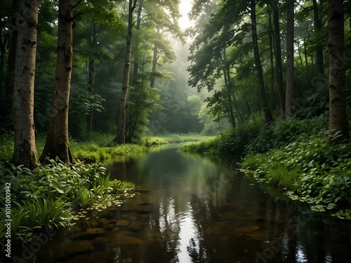 Peaceful forest landscape showcasing lush greenery and tranquil surroundings.