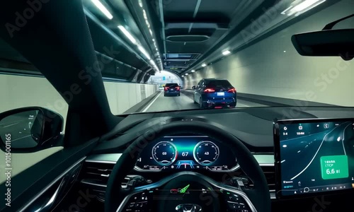 Inside view a moving autonomous self-driving car vith HUD elements driving through a tunnel, scanning the surrounding cars and road with a sensor. Concept of the smart transort of the future. 4k