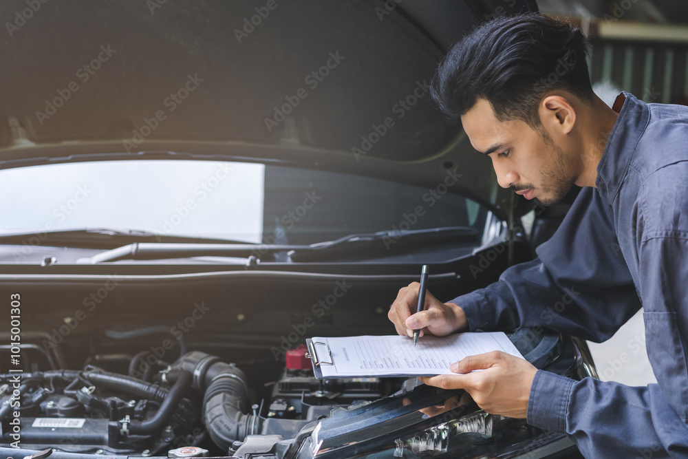 Auto check, car service shop concept. Automobile repairman writing job checklist on clipboard, mechanic checking engine to estimate repair machine, inspecting maintenance by engineer at vehicle garage Auto check, car service shop concept. Automobile repairman writing job checklist on clipboard, mechanic checking engine to estimate repair machine, inspecting maintenance by engineer at vehicle garage