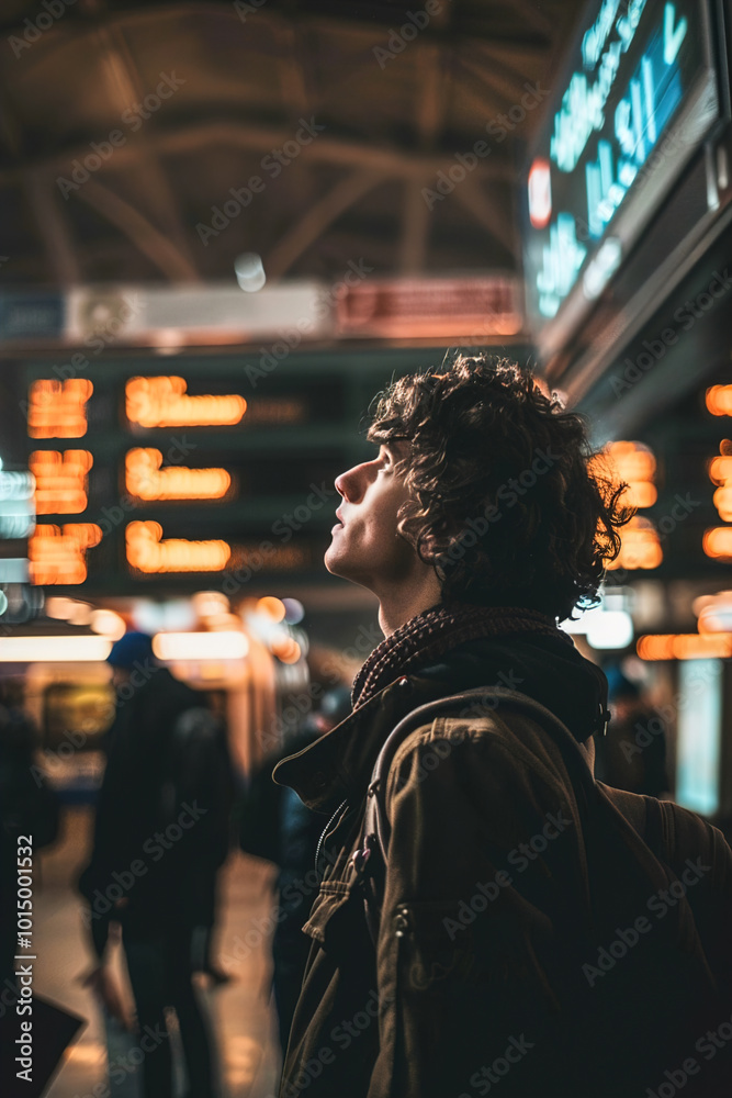 Person in a crowded train station, looking at multiple signs, turning in circles, bewildered Person in a crowded train station, looking at multiple signs, turning in circles, bewildered
