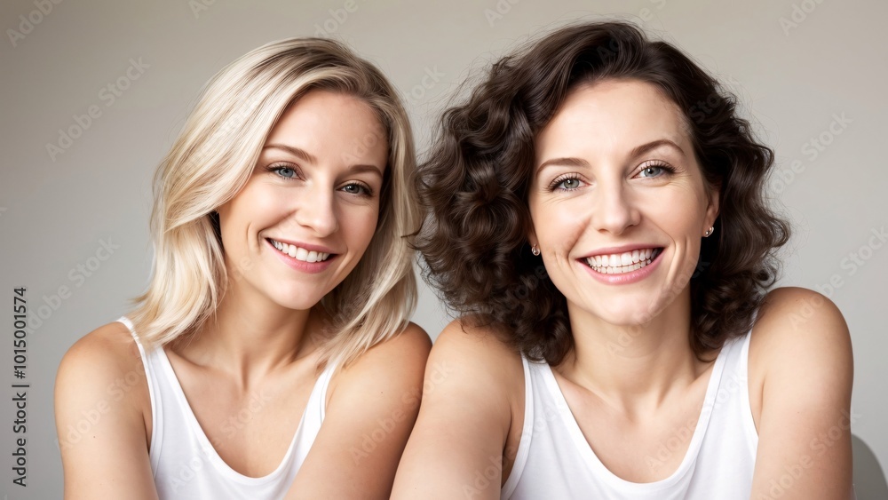 a picture of two women smiling and one has a white shirt on it a picture of two women smiling and one has a white shirt on it