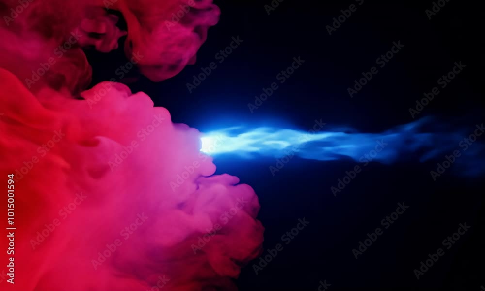 A futuristic weapon firing a blue beam of energy through a cloud of red smoke A futuristic weapon firing a blue beam of energy through a cloud of red smoke