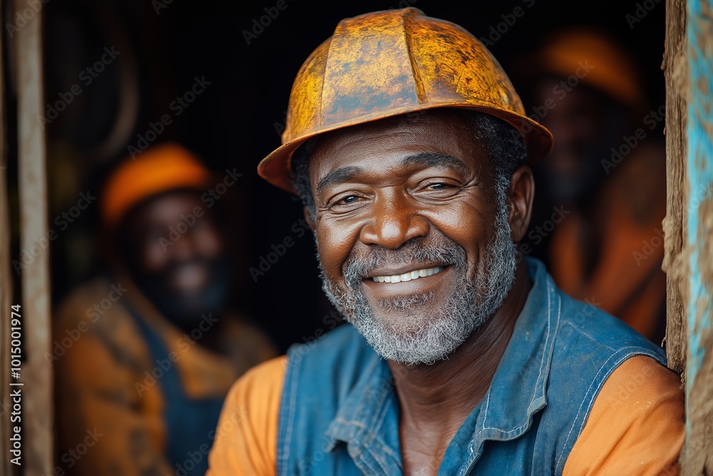 Man wearing a yellow hard hat and blue shirt is smiling. He is surrounded by other men. smiling and strong miner with dirty face in orange and blue clothes celebrating birthday
