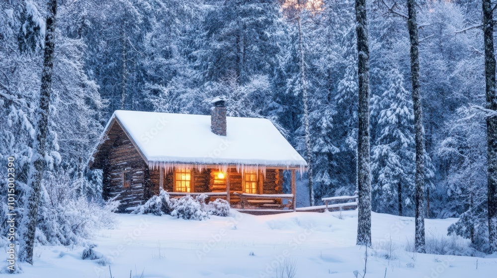 Cozy Snow-Covered Cabin in Winter Woods Cozy Snow-Covered Cabin in Winter Woods
