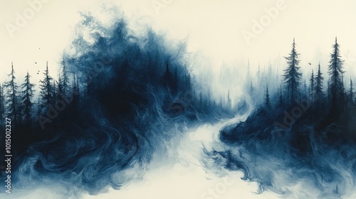 A shadowy yokai emerging from a misty forest at twilight + An abstract ink splash in black and blue, spreading randomly across a white background 