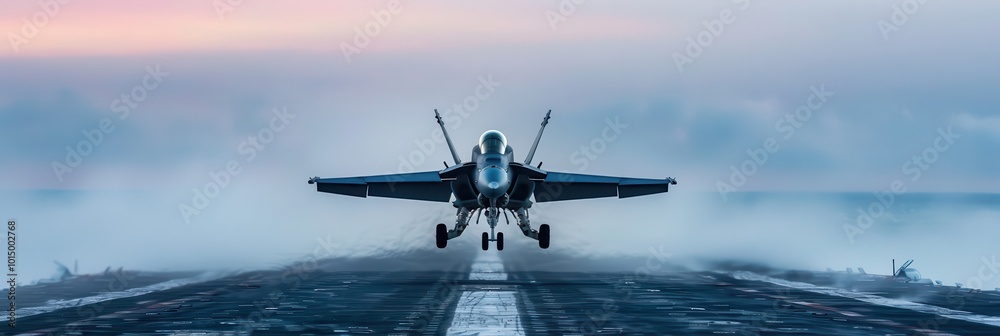 A military jet fighter launching from an aircraft carrier at sunrise. The plane ascends through mist with a dynamic motion, captured against the backdrop of a calm ocean. A military jet fighter launching from an aircraft carrier at sunrise. The plane ascends through mist with a dynamic motion, captured against the backdrop of a calm ocean.