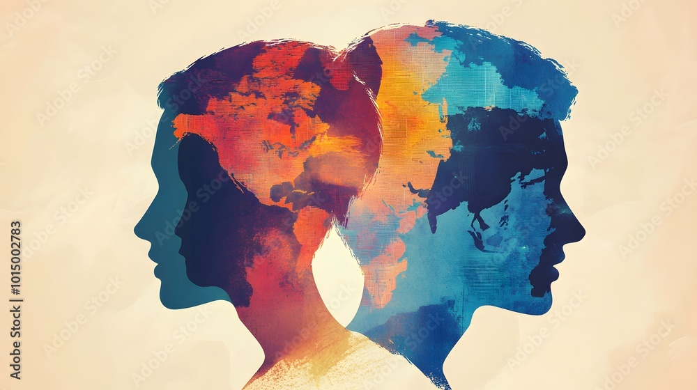 Two Silhouettes Facing Each Other with World Maps as Their Heads Two Silhouettes Facing Each Other with World Maps as Their Heads