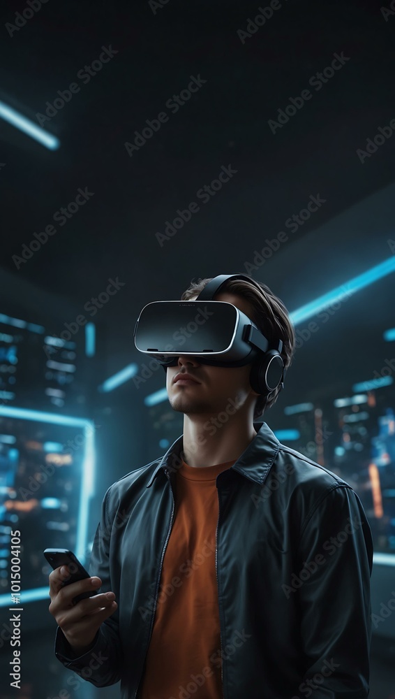 Person with a VR headset in a futuristic digital environment. Person with a VR headset in a futuristic digital environment.