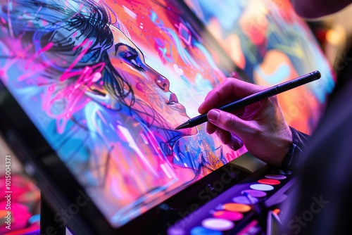Artist using a graphics tablet and stylus to create vibrant digital artwork on screen
