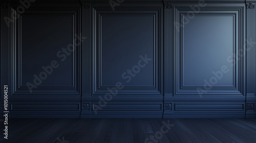 A navy wainscoting wall design, wood wall panels, a classic interior and luxurious moldings on an empty background.