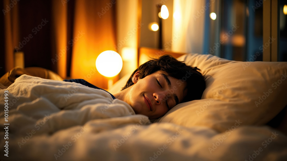 Young man sleeping peacefully in bed at night with warm light Young man sleeping peacefully in bed at night with warm light