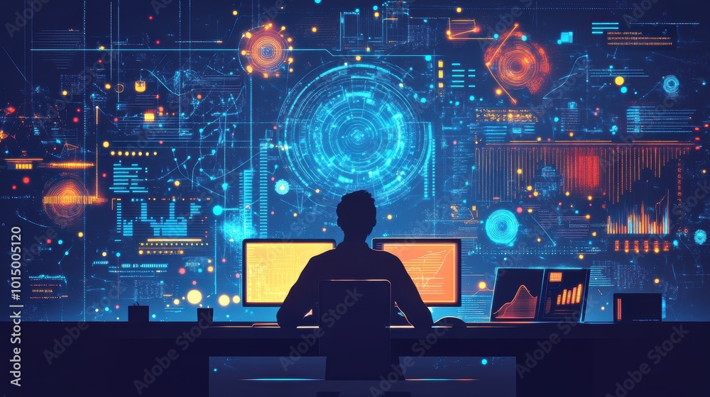 Data science and big data technology. Scientist computing, analyzing and visualizing complex data set on computer. Data mining, artificial intelligence, machine learning, business analytics. Data science and big data technology. Scientist computing, analyzing and visualizing complex data set on computer. Data mining, artificial intelligence, machine learning, business analytics.