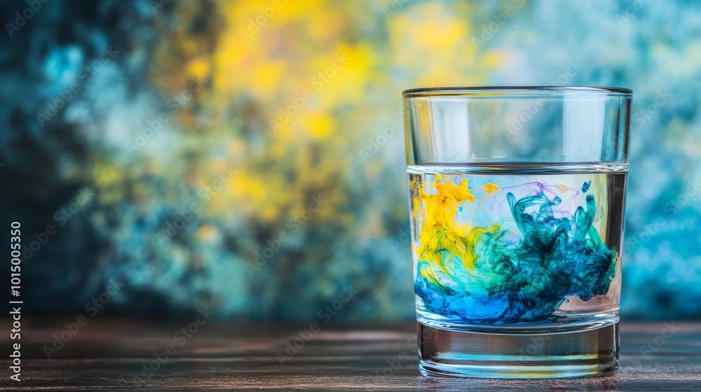 Colorful Drink with Swirling Ink in Glass on Wooden Table Colorful Drink with Swirling Ink in Glass on Wooden Table