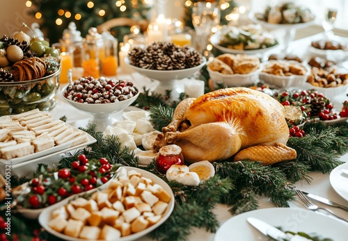 A roasted turkey is the centerpiece of this festive holiday table. photo