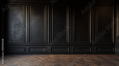A dark wainscoting wall design, wood wall panels, a classic interior and luxurious moldings on an empty background.